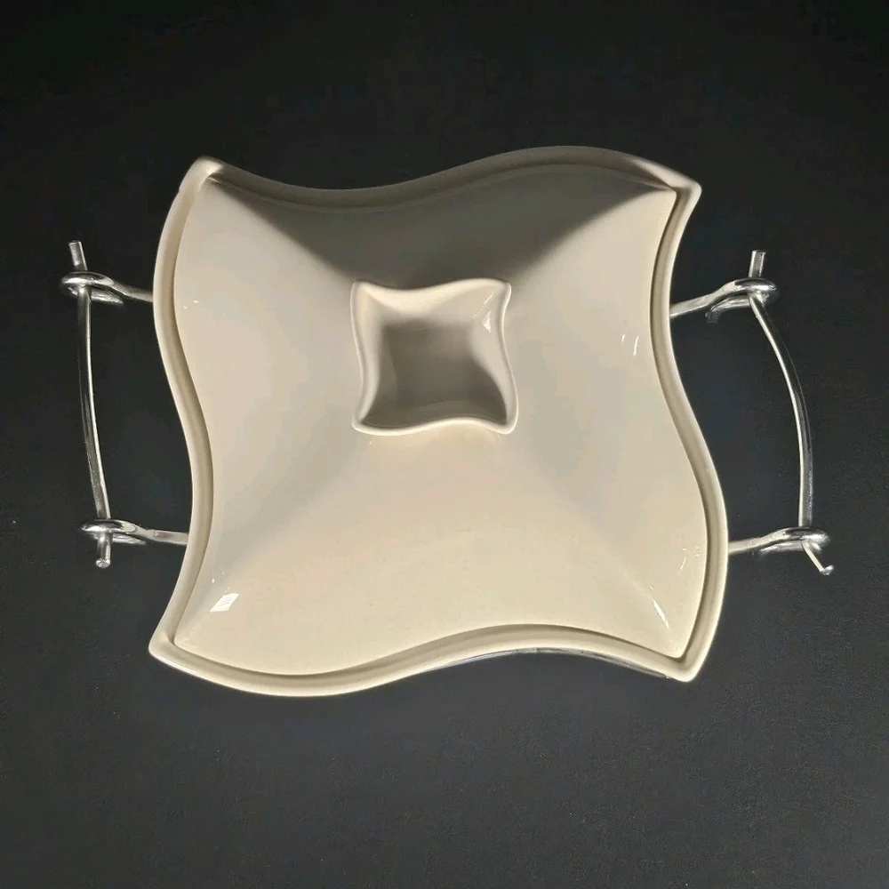 Sienna White Ceramic Lidded Casserole Dish, Chrome Warmer Stand